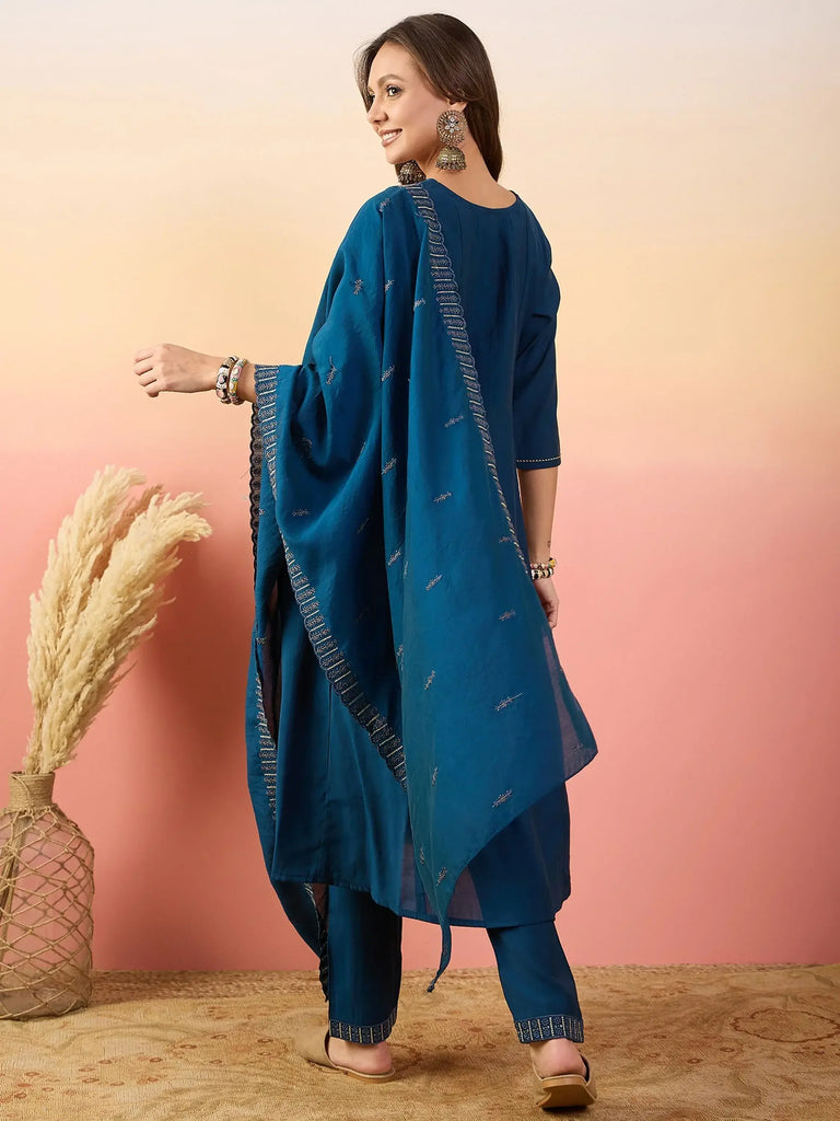 Tantalizing Blue Embroidered Silk Function Wear Pant Suit With Dupatta