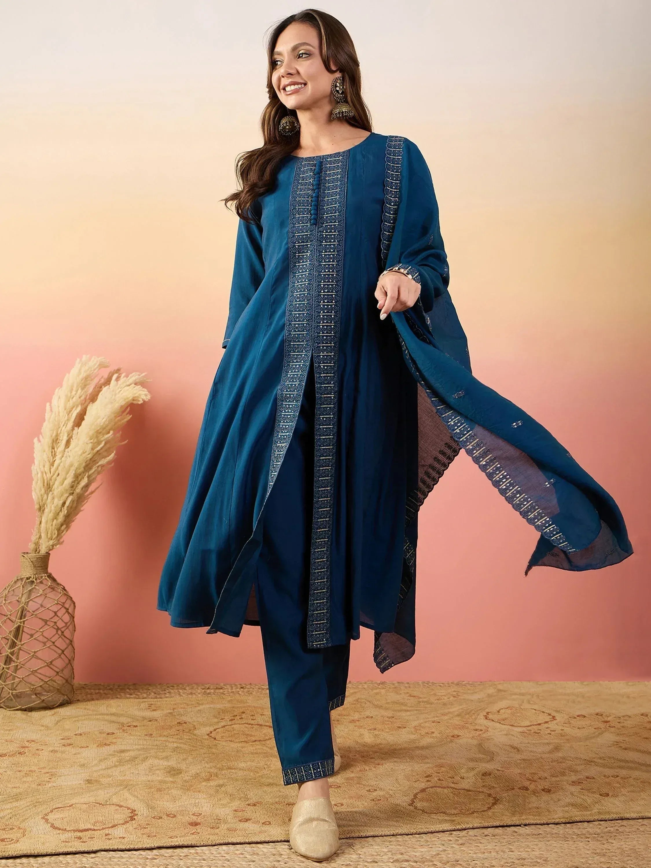 Blue embroidered salwar kameez with matching dupatta, ethnic Indian wear for women