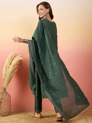 Surprising Green Embroidered Silk Mehendi Wear Pant Suit With Dupatta
