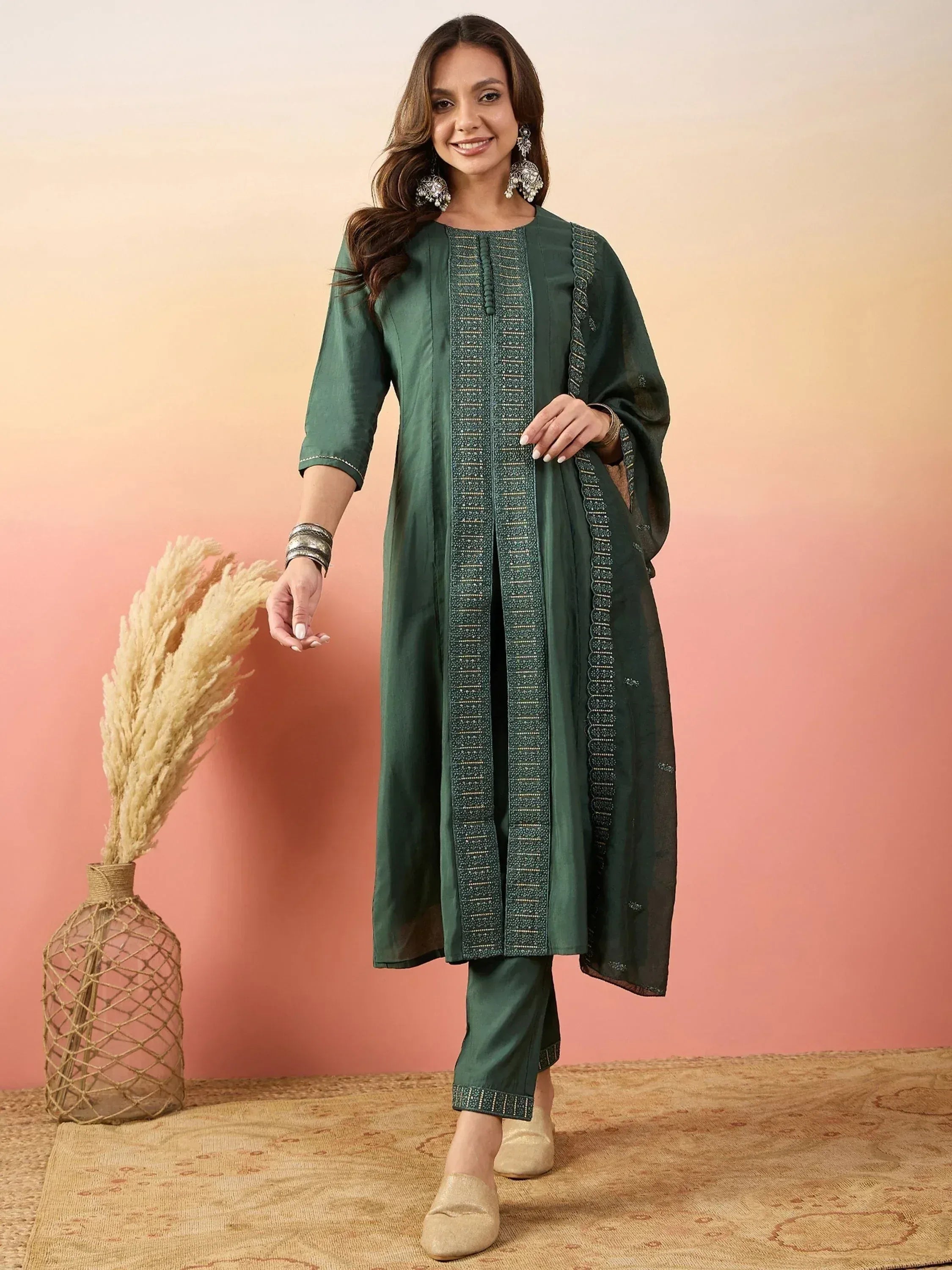 Green embroidered salwar kameez with matching dupatta, ethnic Indian wear for women