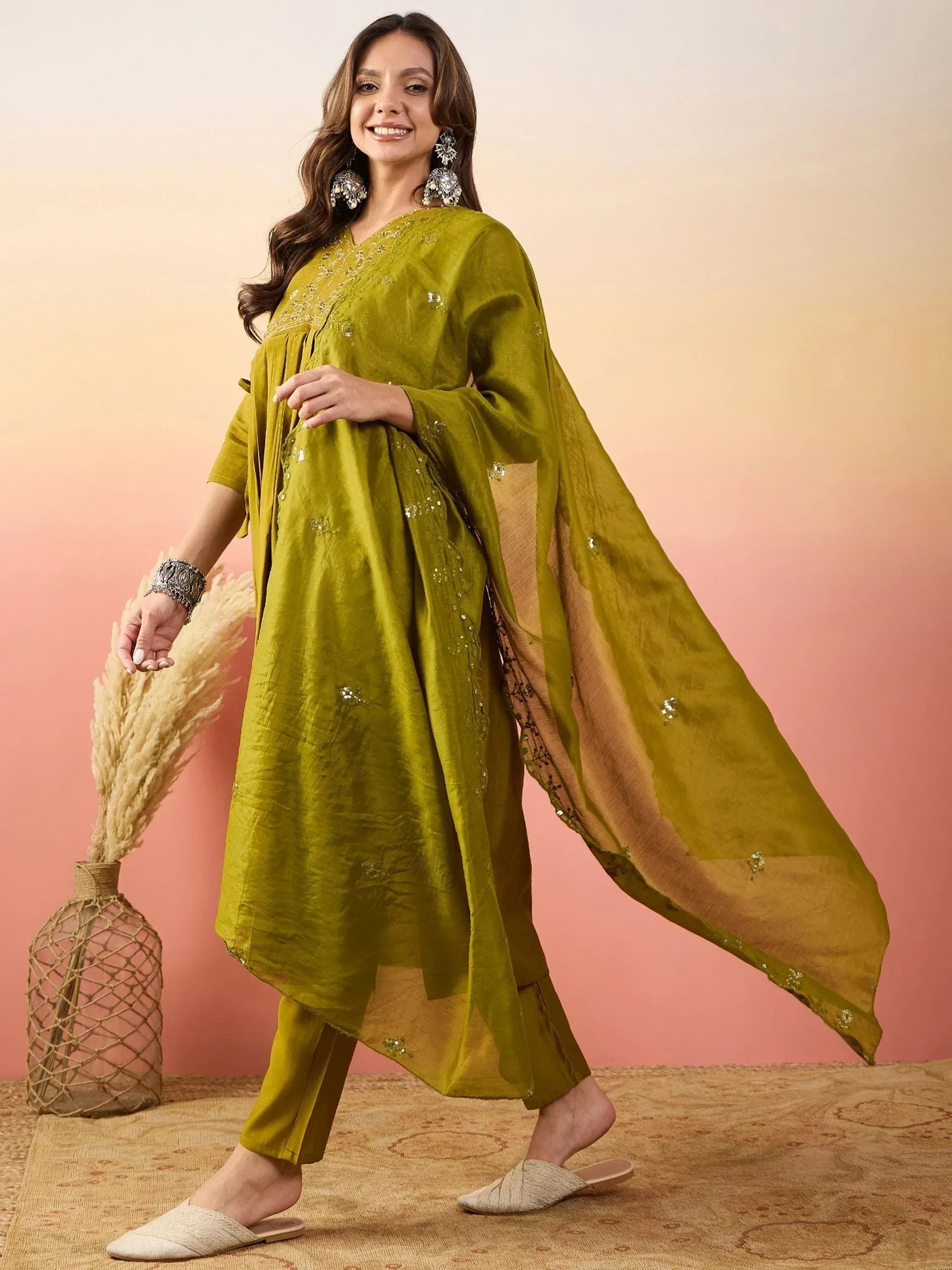 Olive green embroidered kurta set with palazzo pants and dupatta, perfect for Indian ethnic wear occasions.