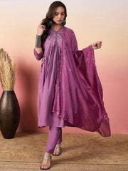Fantastic Purple Embroidered Silk Event Wear Pant Suit With Dupatta