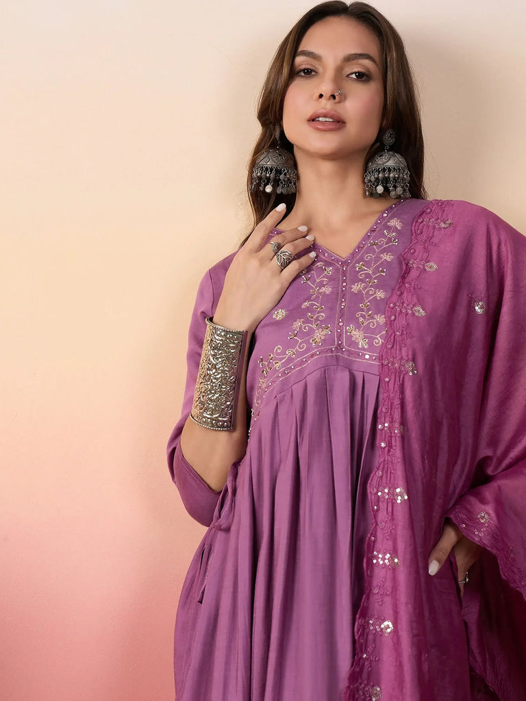 Fantastic Purple Embroidered Silk Event Wear Pant Suit With Dupatta