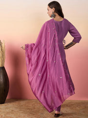 Fantastic Purple Embroidered Silk Event Wear Pant Suit With Dupatta