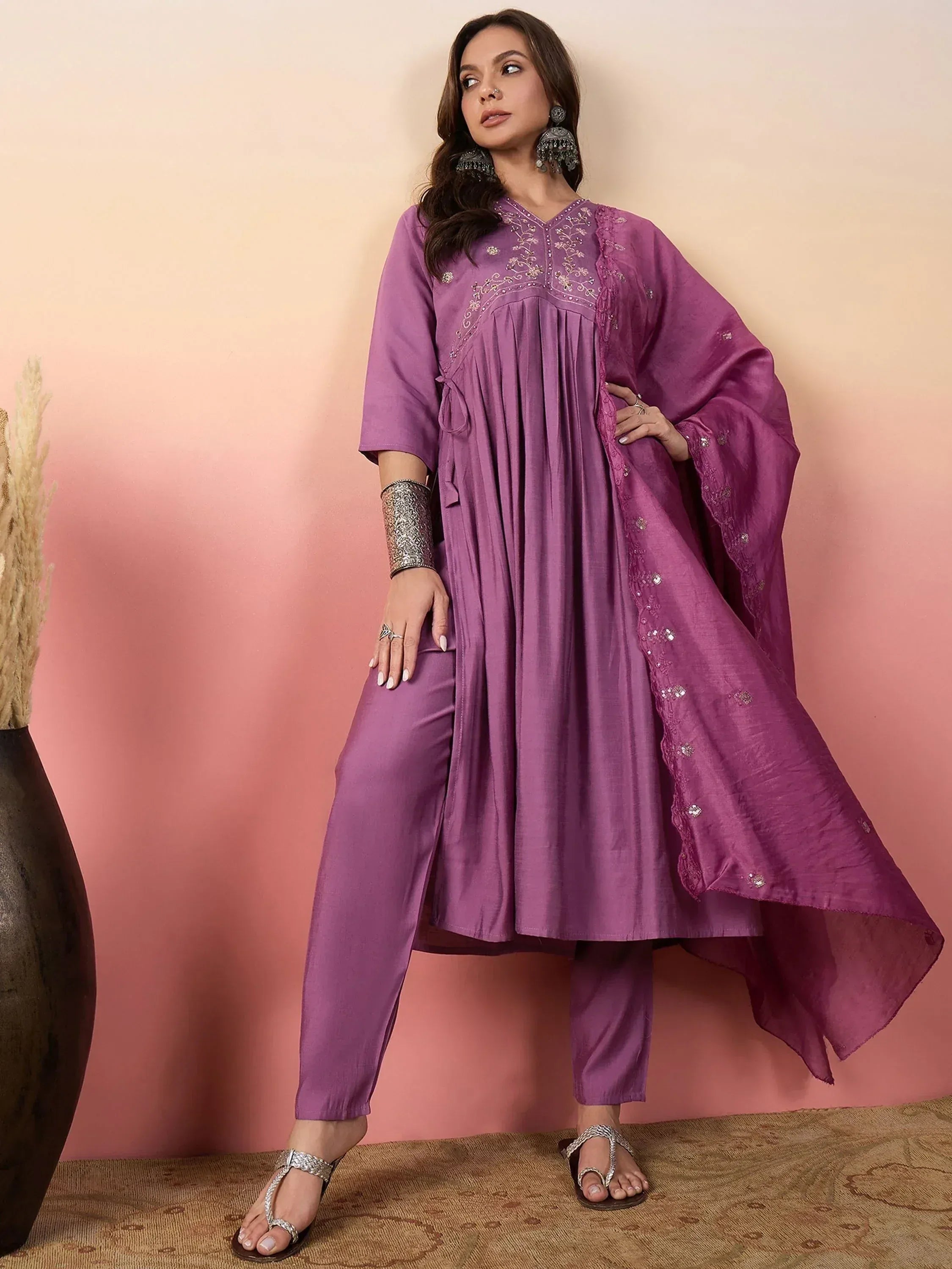 Purple embroidered kurta set with palazzo pants and dupatta, Indian ethnic wear