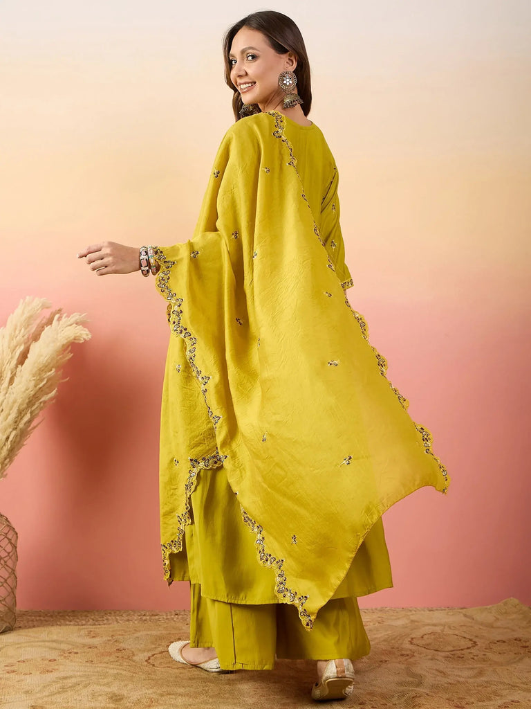 Great Yellow Embroidered Silk Function Wear Palazzo Suit With Dupatta