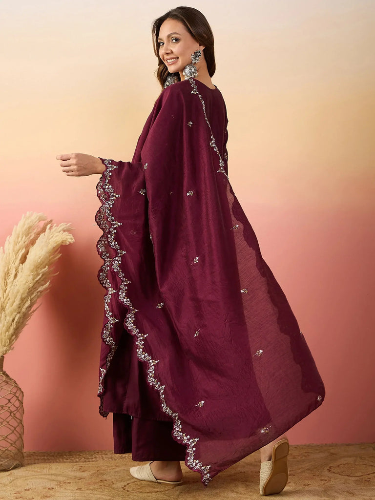 Marvelous Maroon Embroidered Silk Event Wear Palazzo Suit With Dupatta