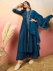 Awesome Blue Embroidered Silk Function Wear Palazzo Suit With Dupatta