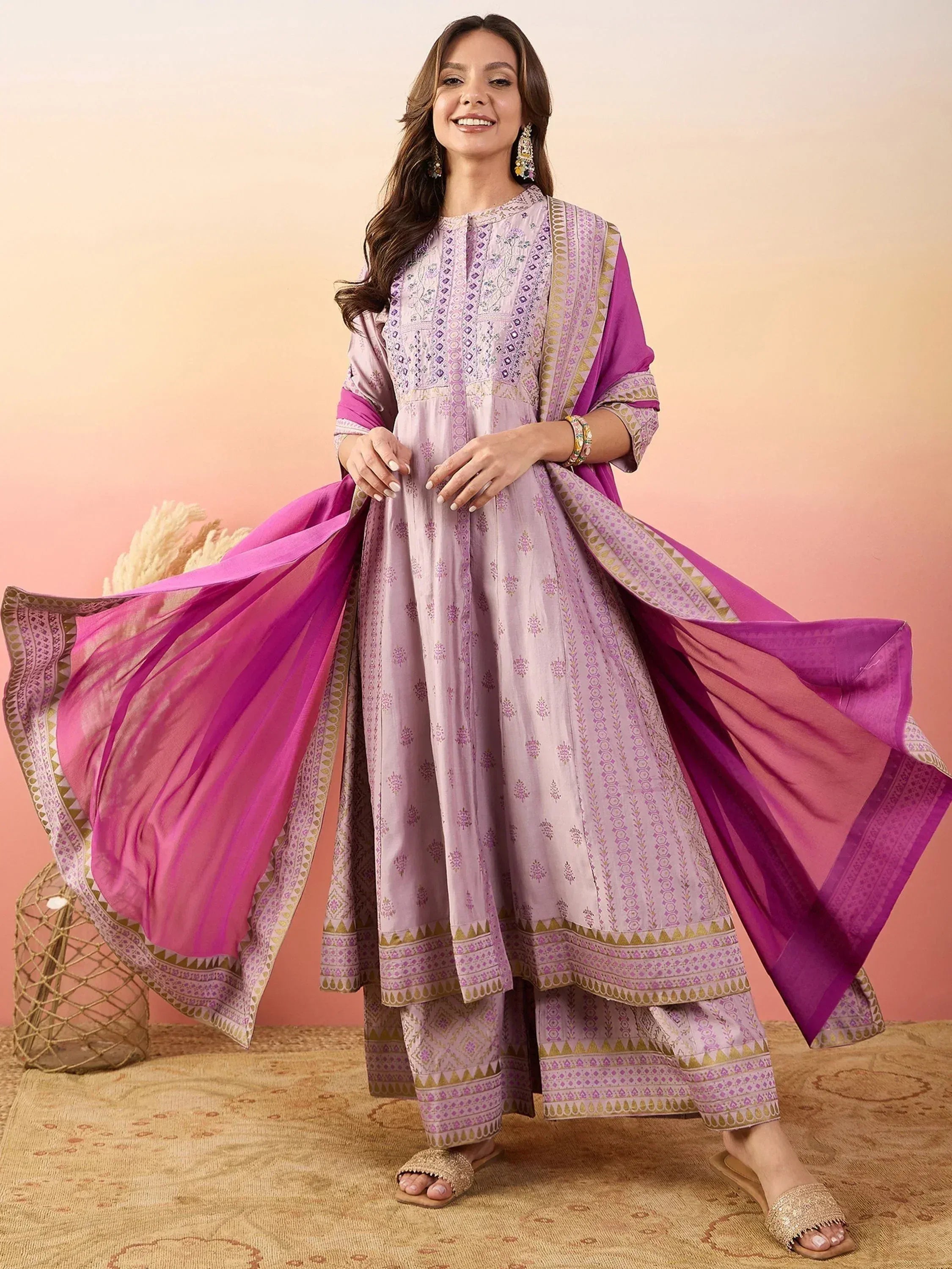 Purple printed salwar kameez with dupatta, ethnic Indian wear for women