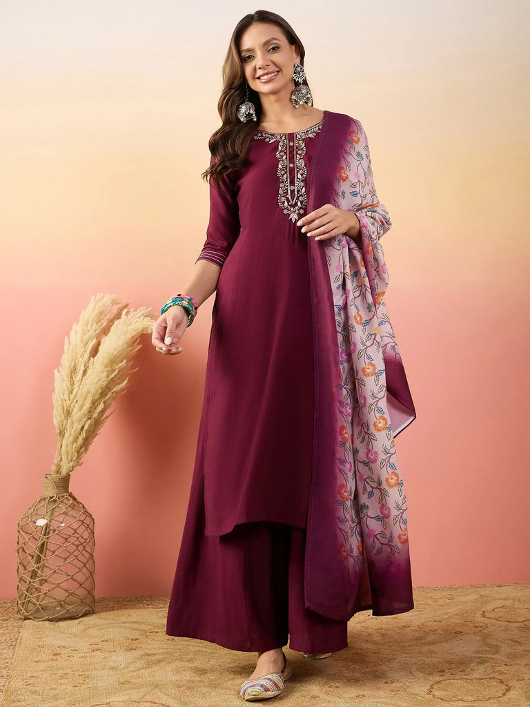 Lovely Wine Color Embroidered Silk Event Wear Pant Suit With Dupatta