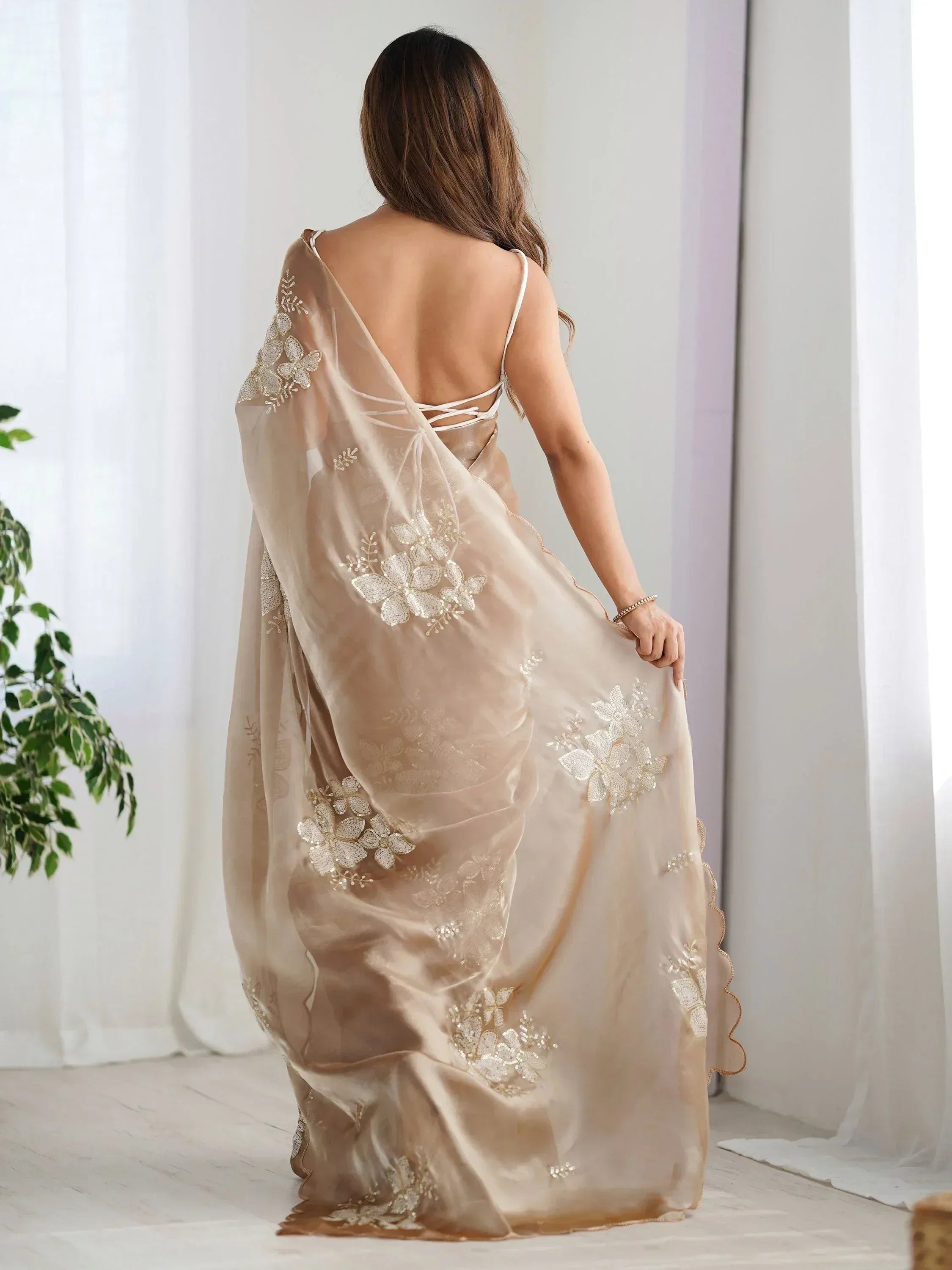 Beige saree with floral embroidery and sheer dupatta, back view, ethnic wear for women