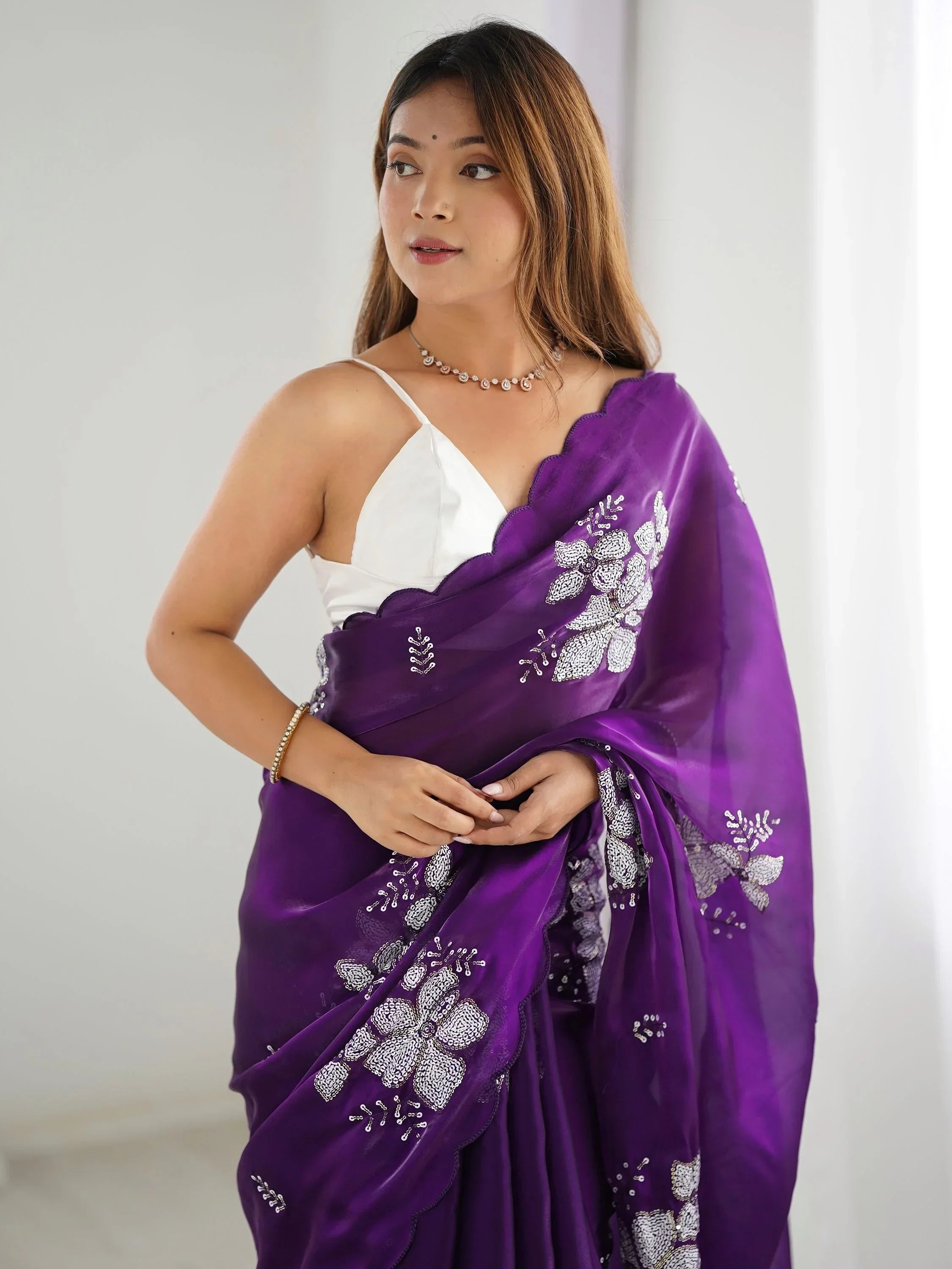 Captivating Purple Embroidered Organza Saree With Blouse