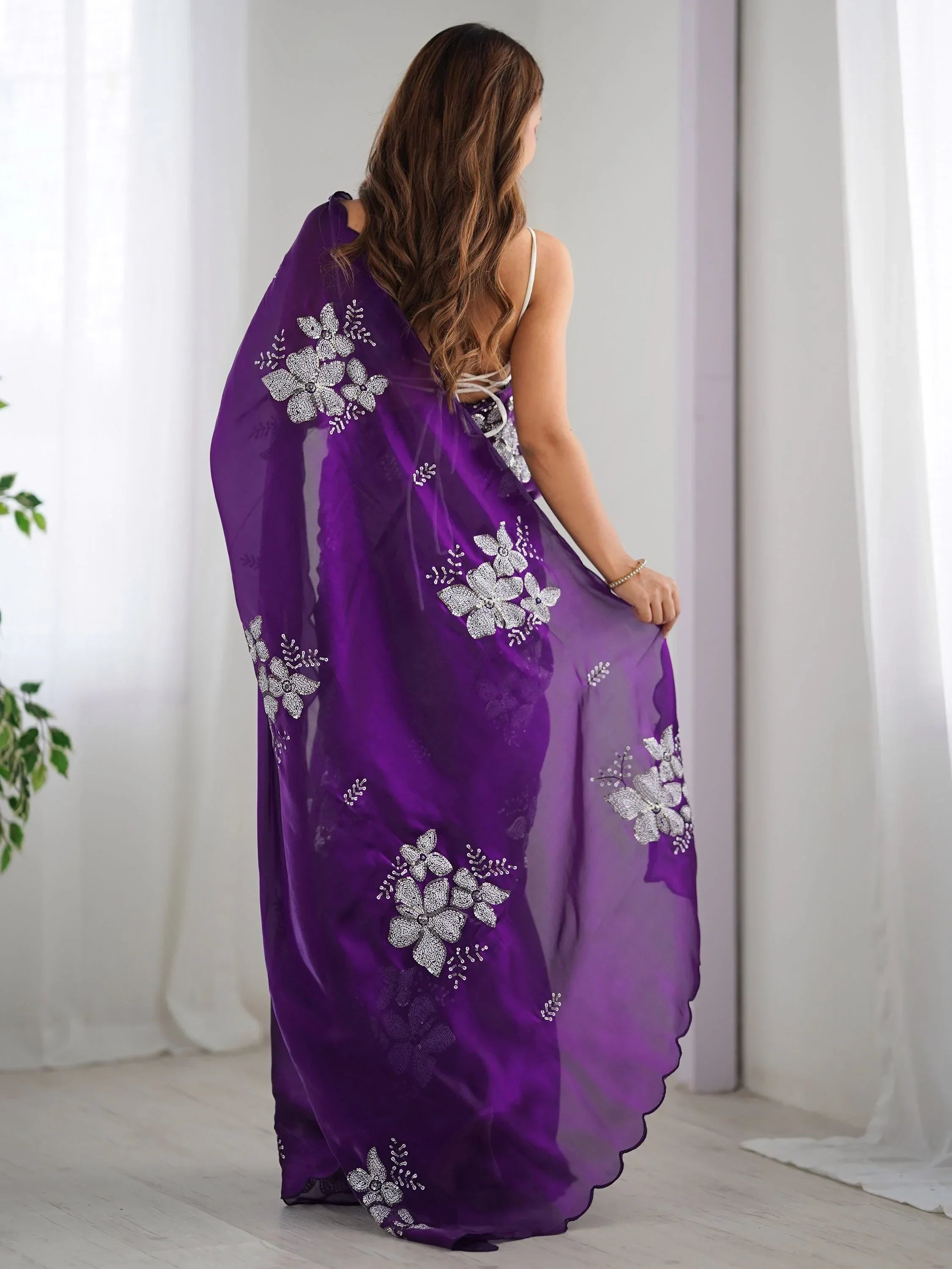 Captivating Purple Embroidered Organza Saree With Blouse