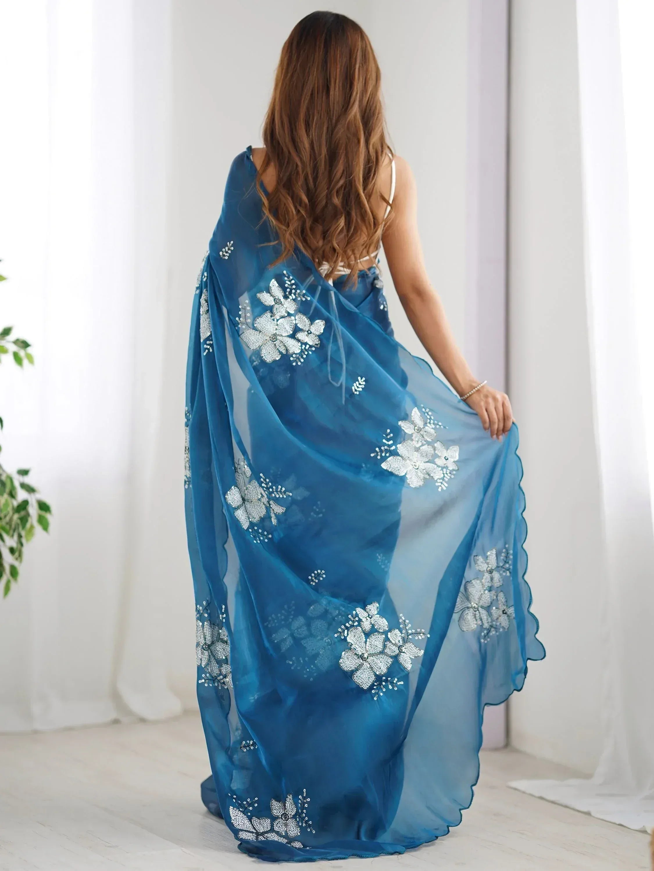 Blue floral embroidered saree with sheer dupatta, elegant Indian ethnic wear for women