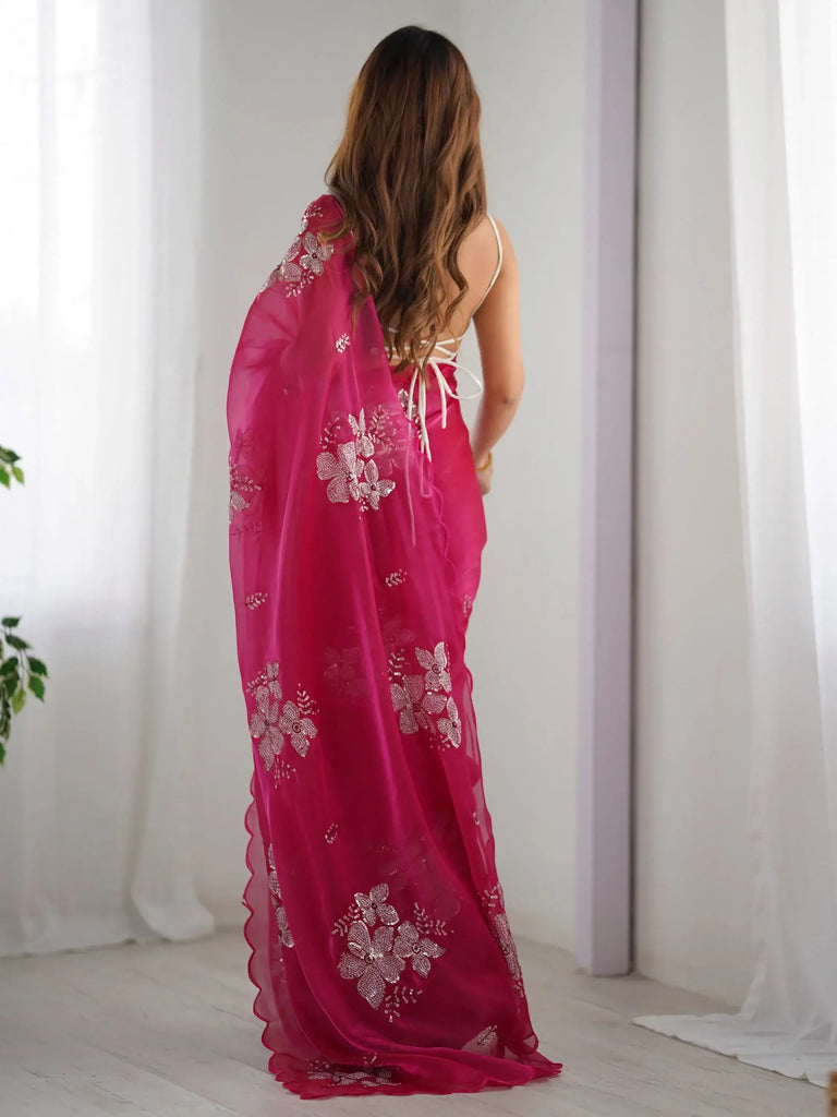 Mesmerizing Pink Embroidered Organza Festival Wear Saree With Blouse