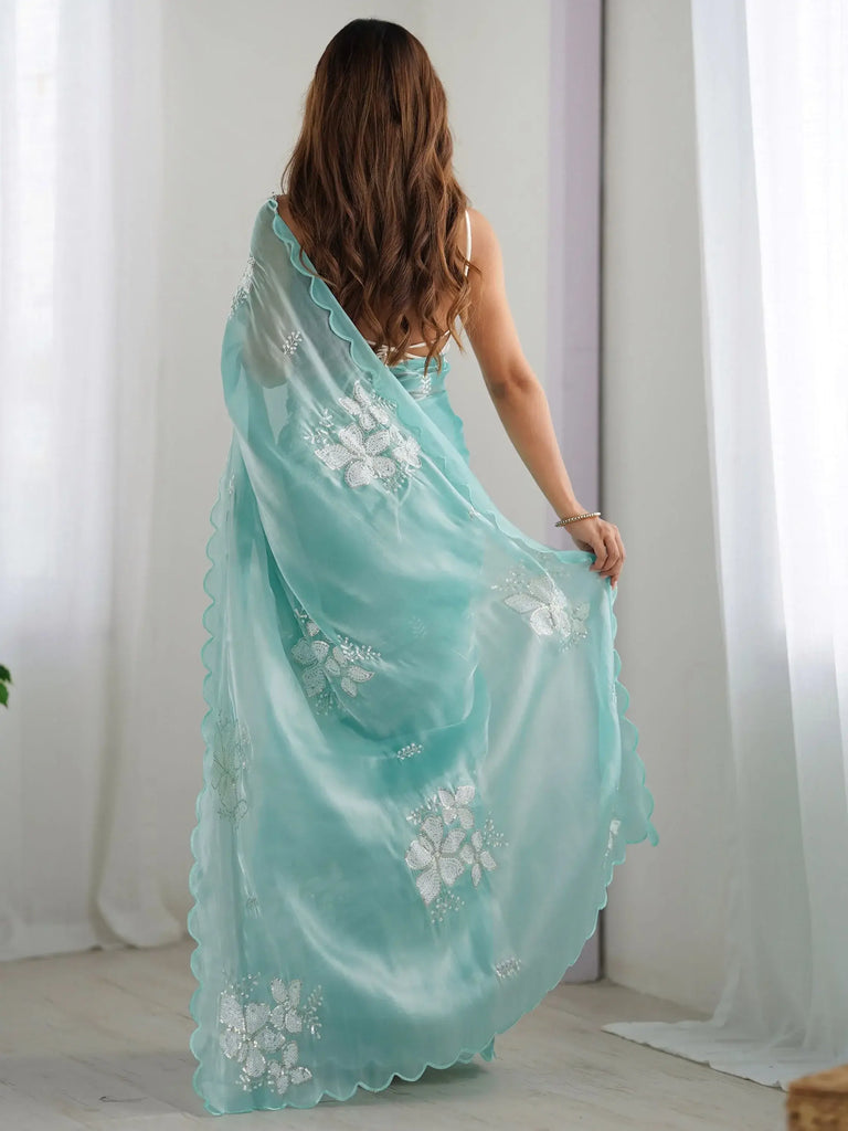 Bewitching Sky Blue Embroidered Organza Party Wear Saree With Blouse