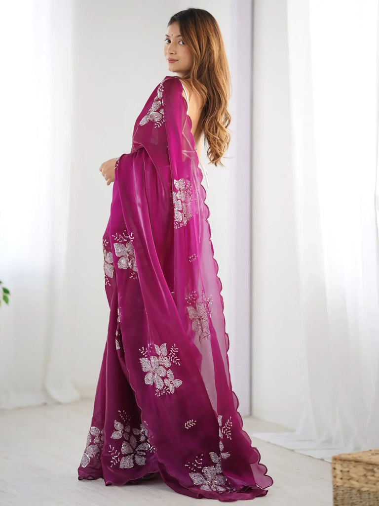 Enchanting Wine Embroidered Organza Event Wear Saree With Blouse