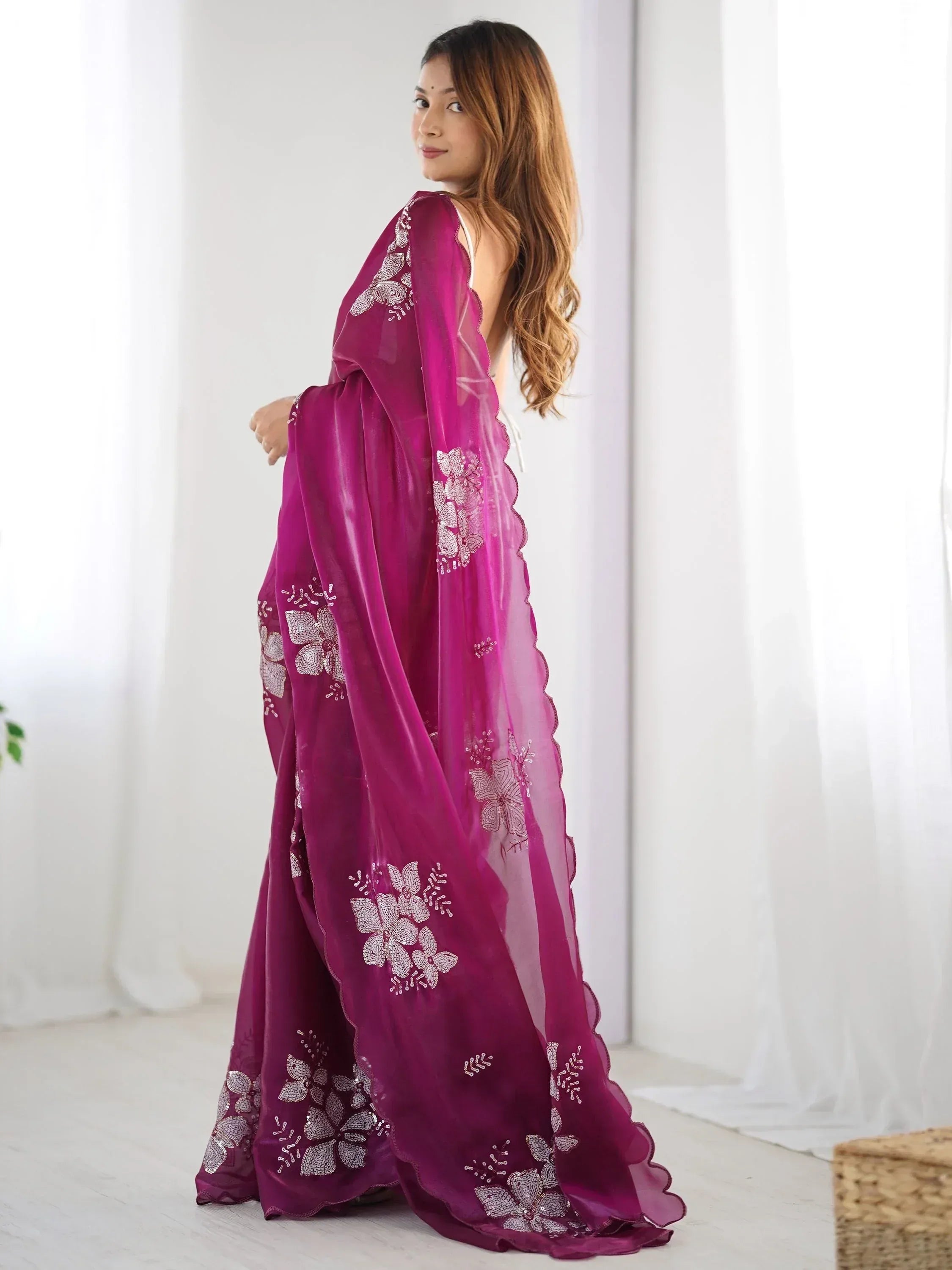 Purple floral embroidered ethnic gown with sheer overlay, perfect for Indian occasions