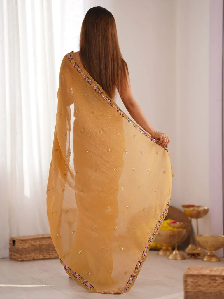 Pretty Mustard Yellow Embroidered Silk Traditional Saree With Blouse