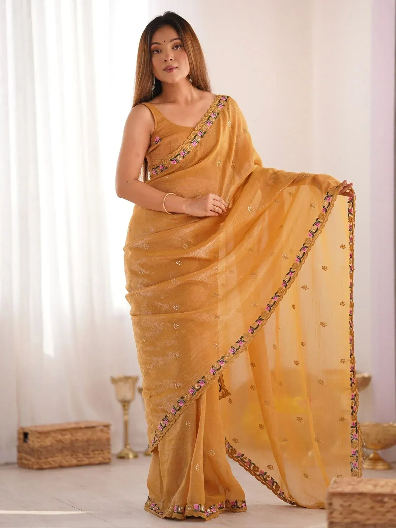 Yellow embroidered saree with floral border, Indian ethnic wear for women