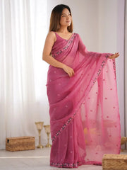 Adorable Pink Embroidered Silk Festival Wear Saree With Blouse
