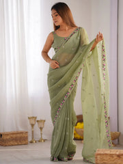 Precious Pista Green Embroidered Silk Event Wear Saree With Blouse