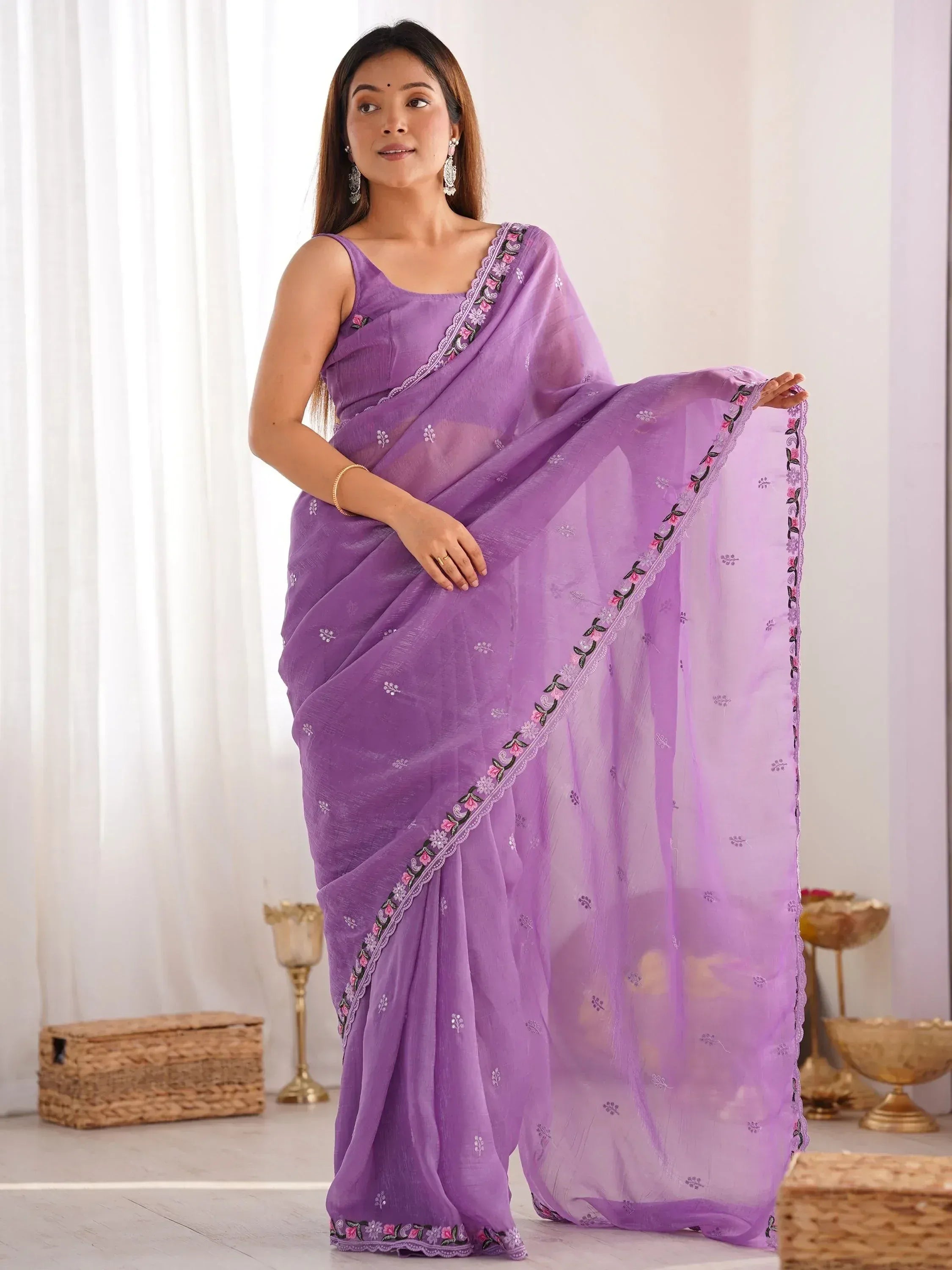 Purple embroidered saree with floral border, Indian ethnic wear for women