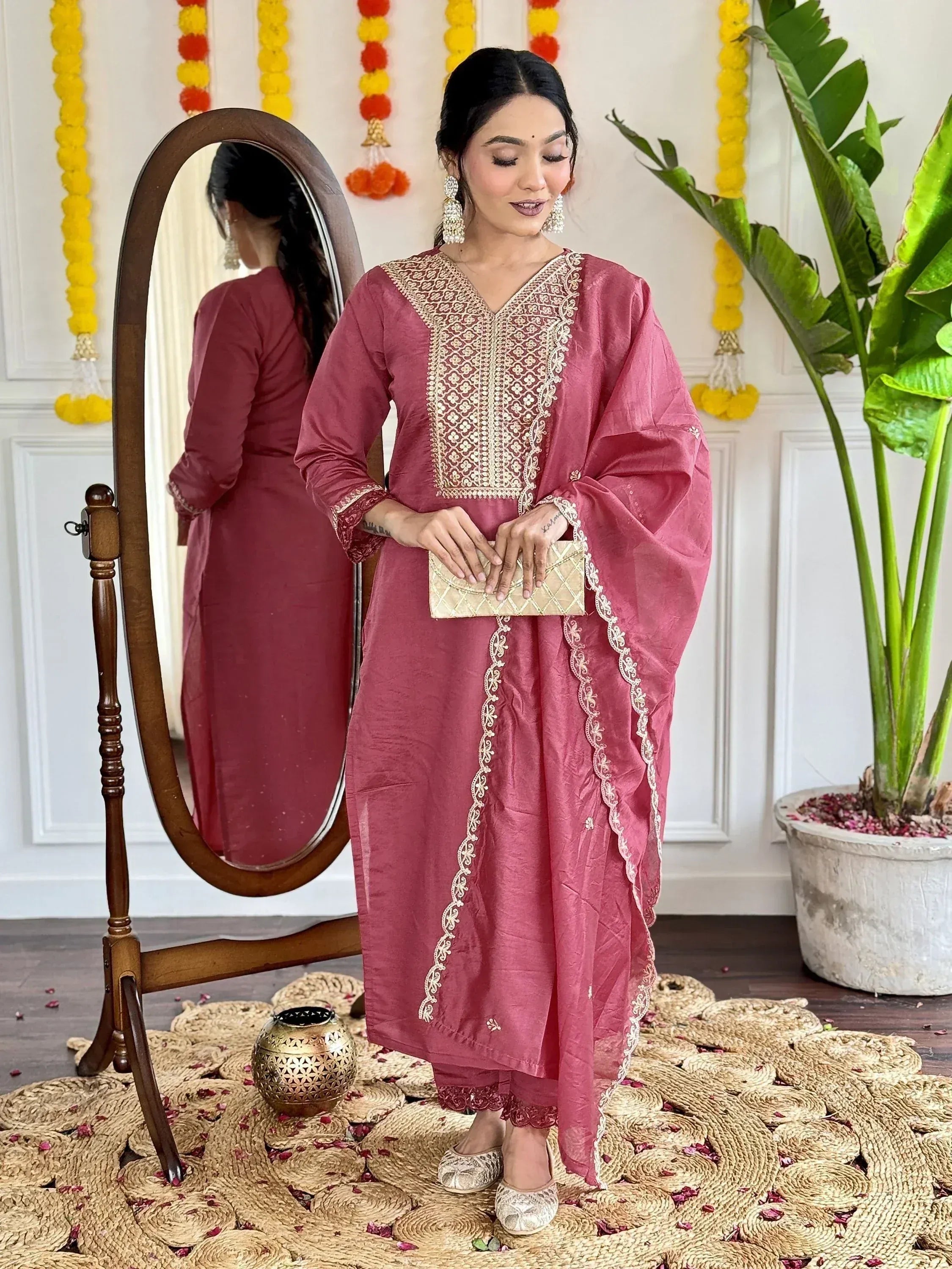Pink embroidered kurta set with matching dupatta, perfect for Indian ethnic wear occasions