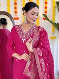 Attractive Rani Pink Embroidered Viscose Event Wear Pant Suit