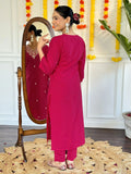 Attractive Rani Pink Embroidered Viscose Event Wear Pant Suit