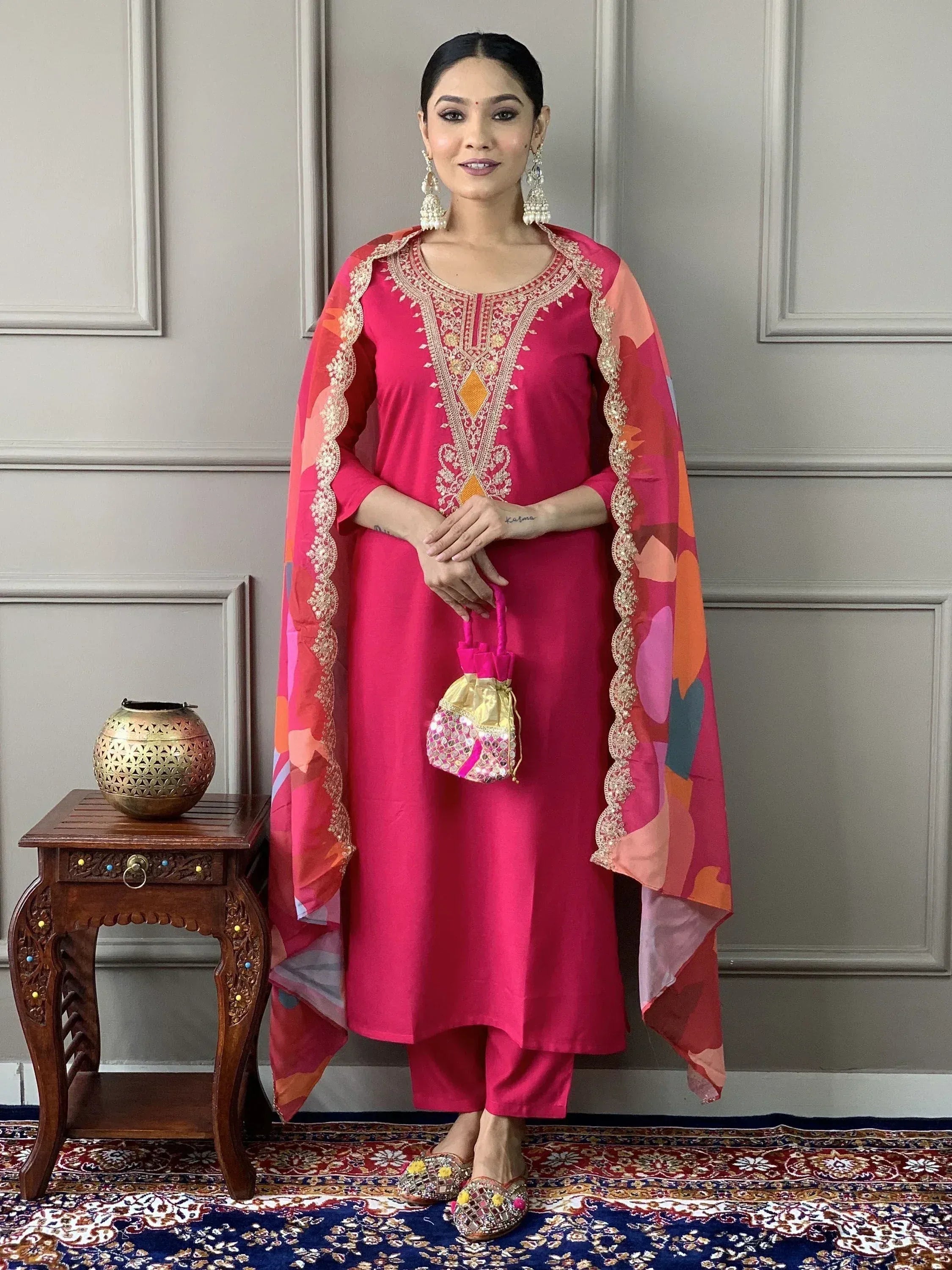 Pink embroidered salwar kameez with floral dupatta, ethnic Indian wear for women