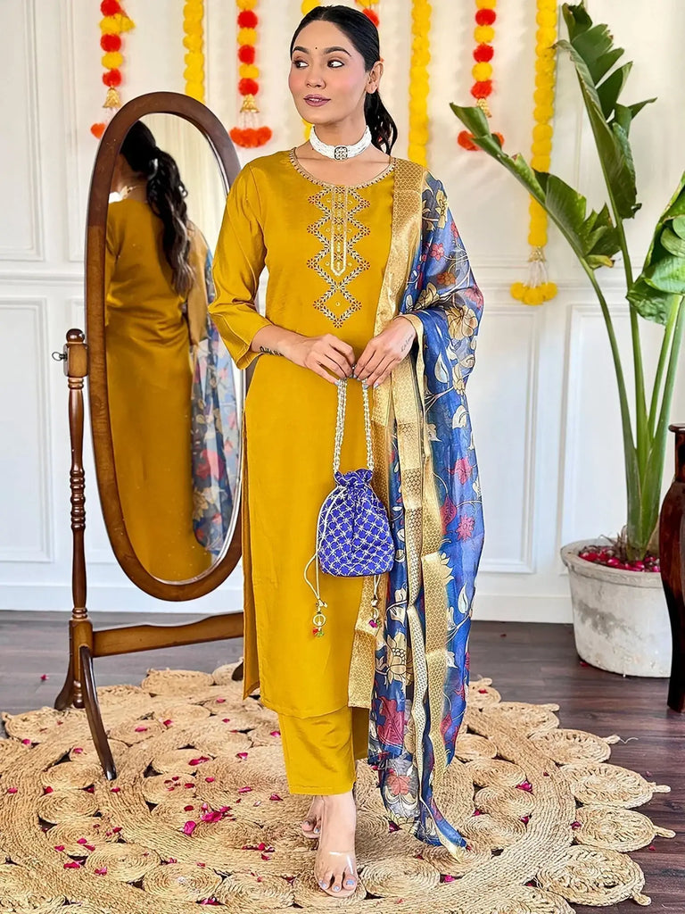 Glamorous Mustard Yellow Embroidered Viscose Haldi Wear Pant Suit