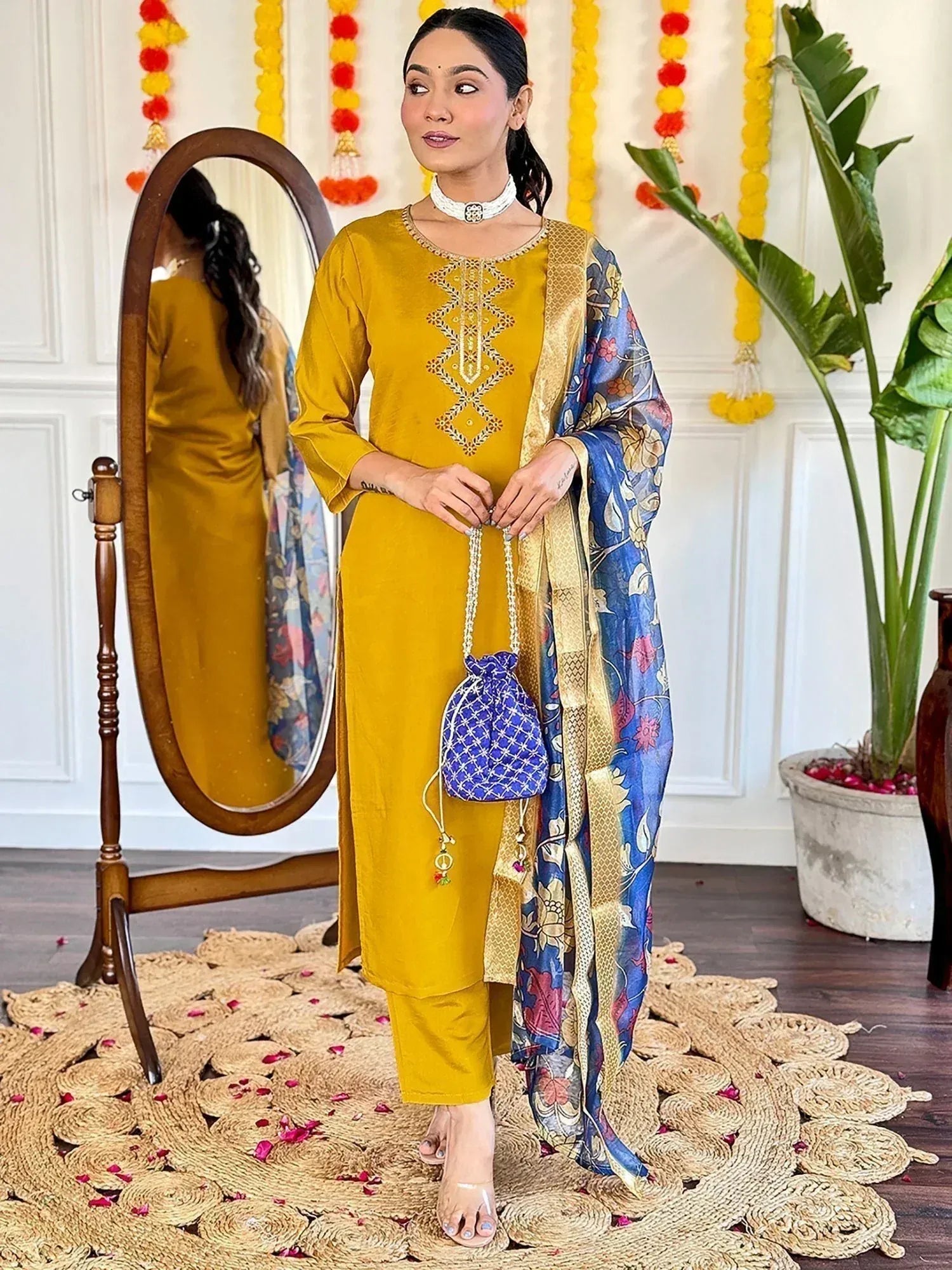 Mustard yellow embroidered kurta with blue floral dupatta, ethnic wear for women