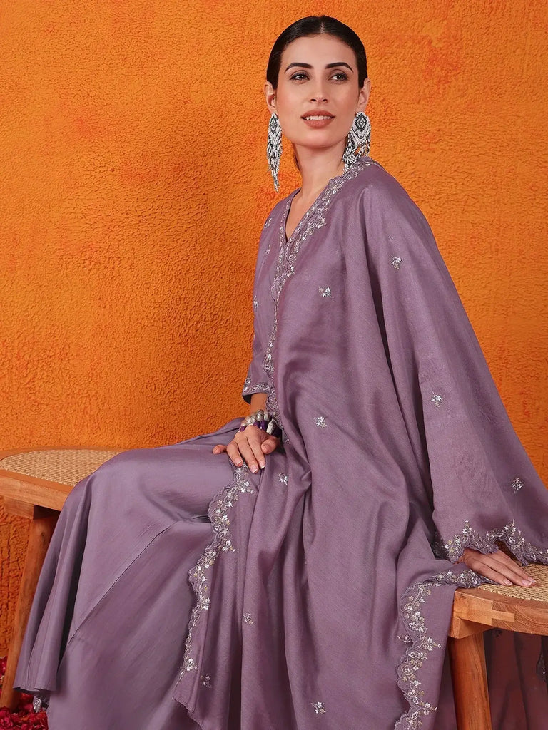 Enchanting Dusty Purple Embroidered Silk Palazzo Suit With Dupatta