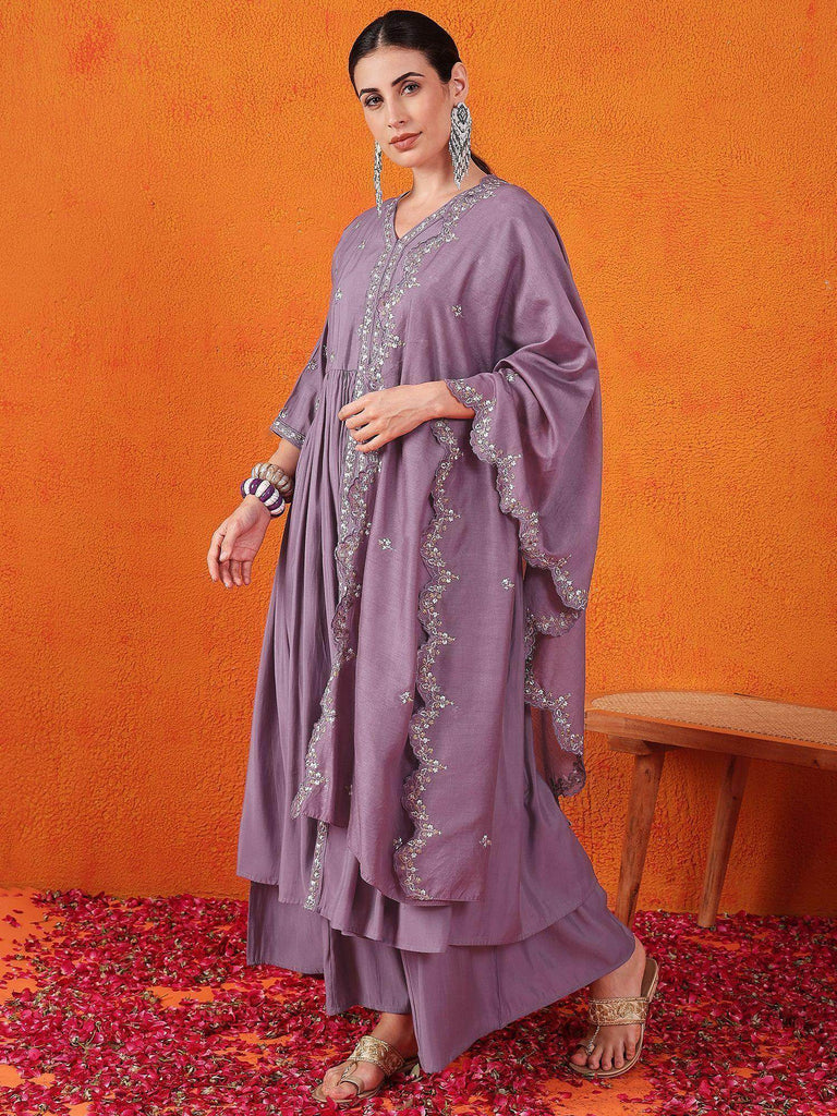 Enchanting Dusty Purple Embroidered Silk Palazzo Suit With Dupatta