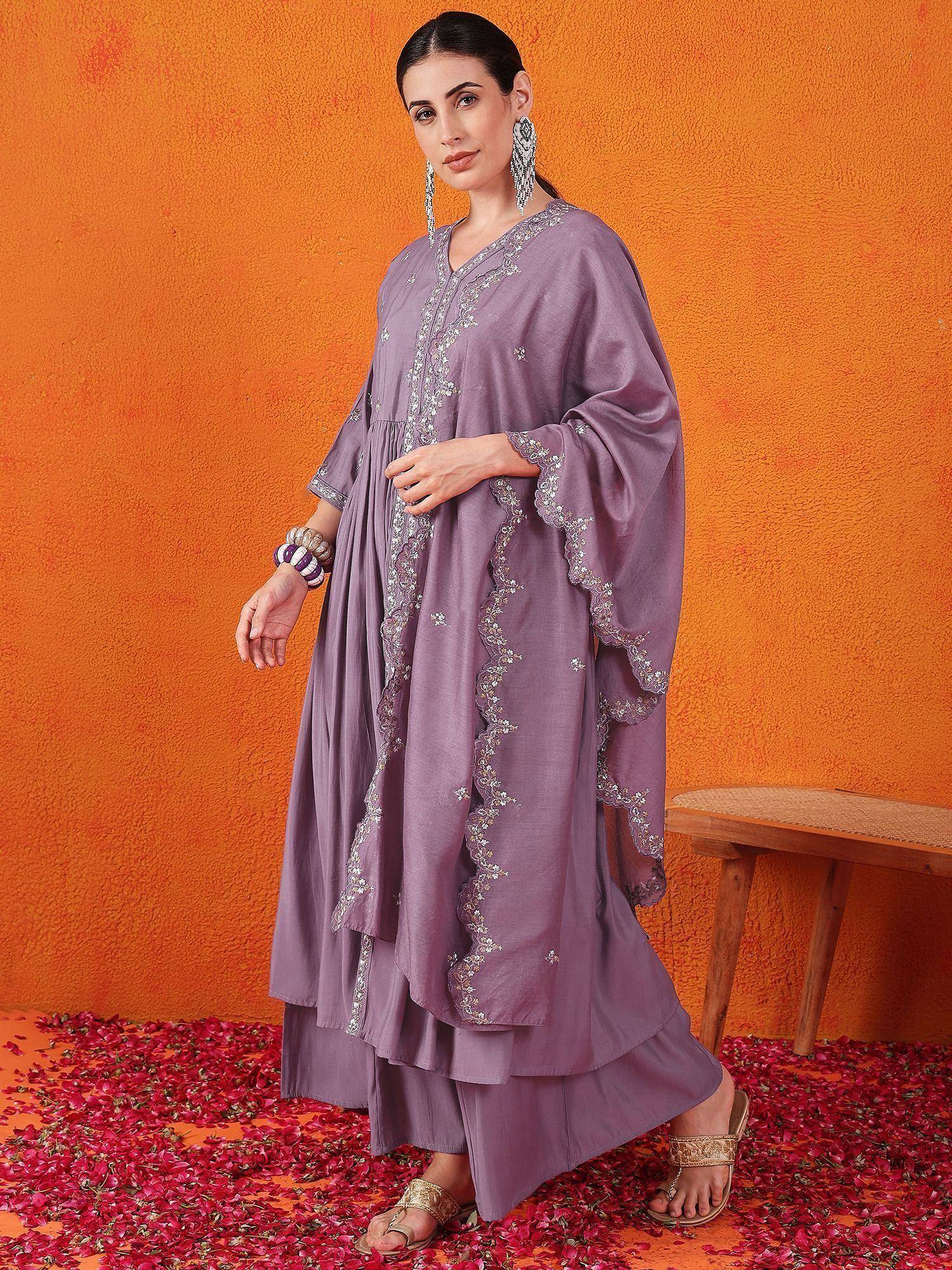 Purple embroidered ethnic kurta with palazzo pants, perfect for Indian festive occasions