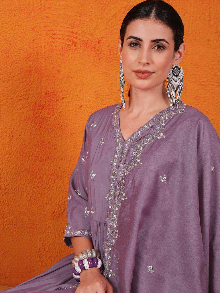 Enchanting Dusty Purple Embroidered Silk Palazzo Suit With Dupatta