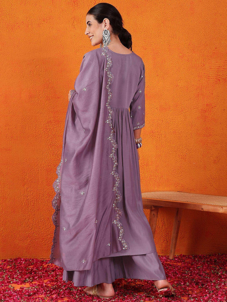 Enchanting Dusty Purple Embroidered Silk Palazzo Suit With Dupatta
