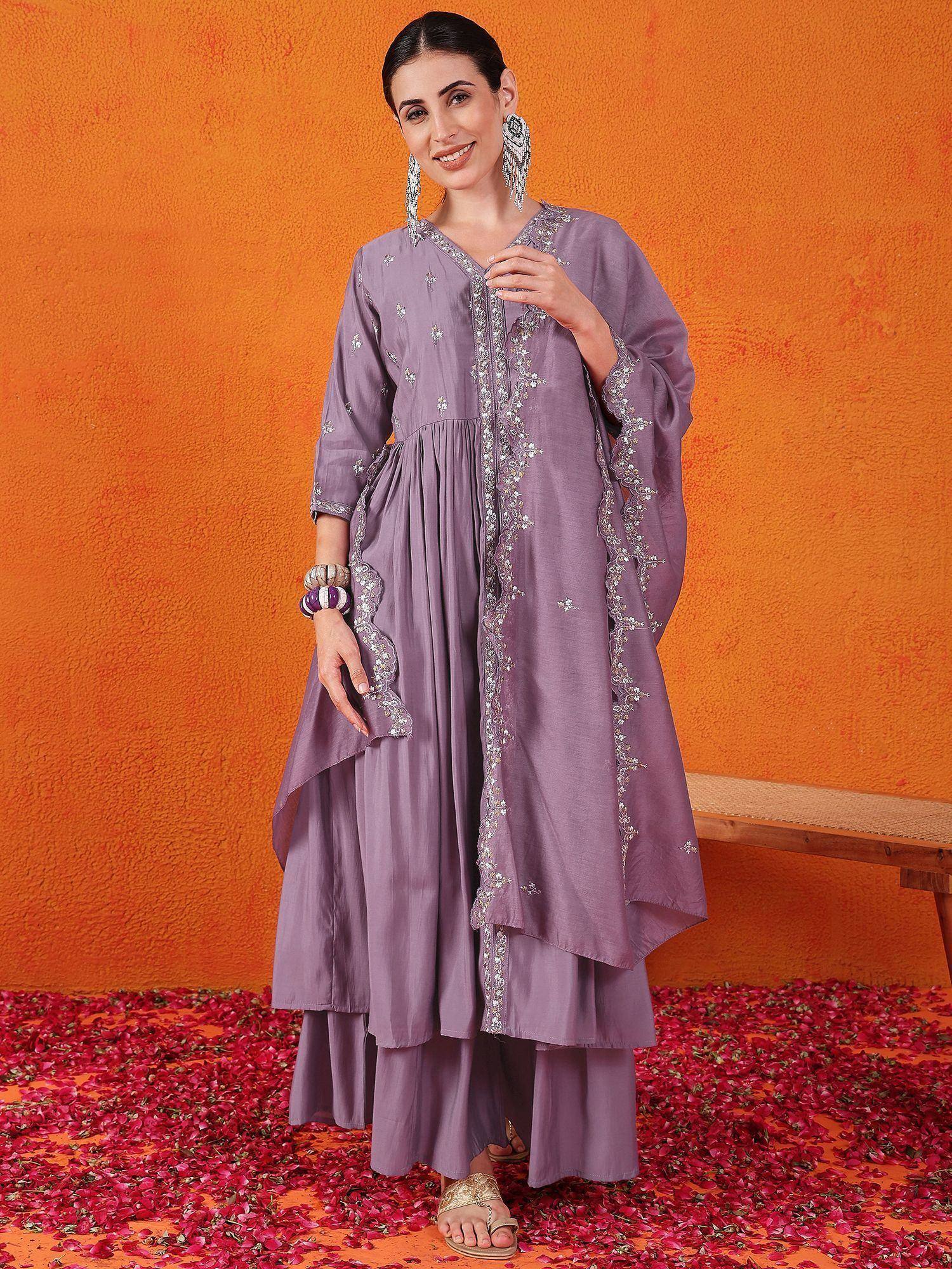 Lavender ethnic kurta with silver embroidery, paired with matching palazzo, perfect for Indian occasions.