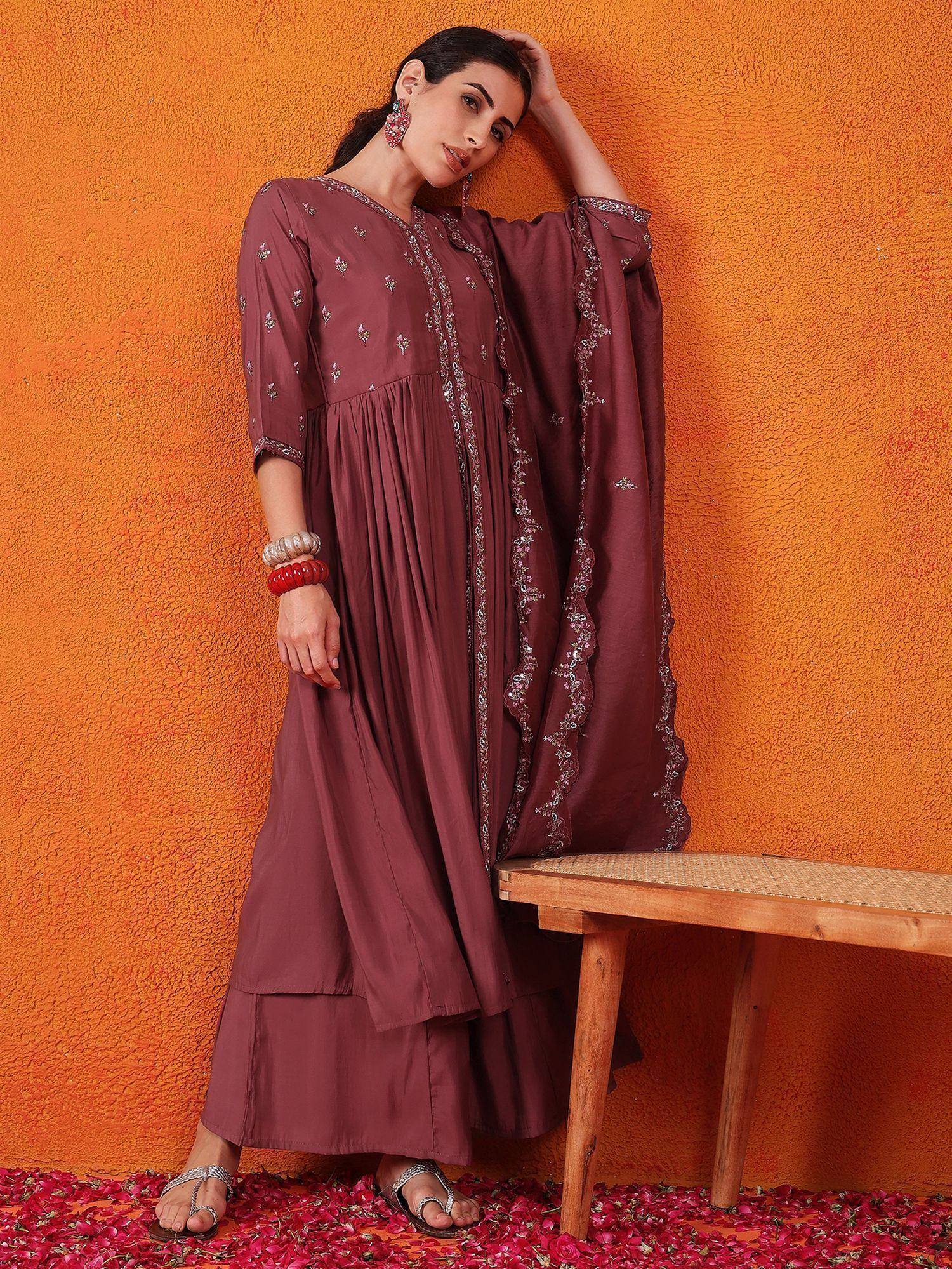 Maroon embroidered ethnic gown with flared sleeves, paired with matching palazzo, perfect for Indian occasions
