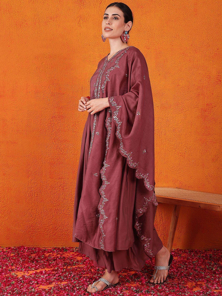 Fascinating Maroon Embroidered Silk Festival Wear Palazzo Suit