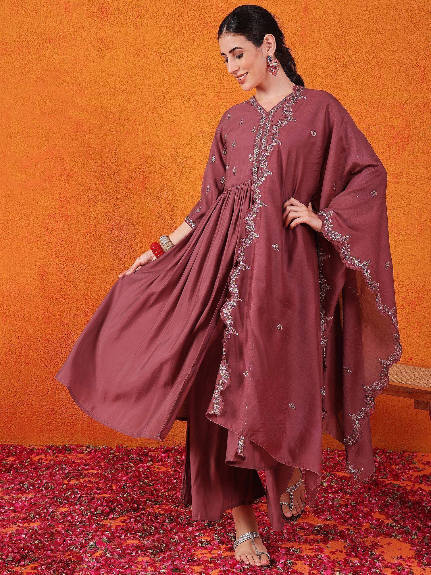 Maroon embroidered ethnic gown with flared sleeves, paired with palazzo pants, perfect for festive occasions.