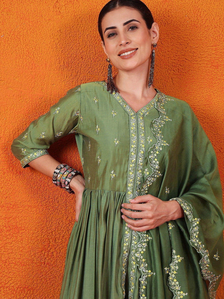 Captivating Olive Green Embroidered Silk Event Wear Palazzo Suit
