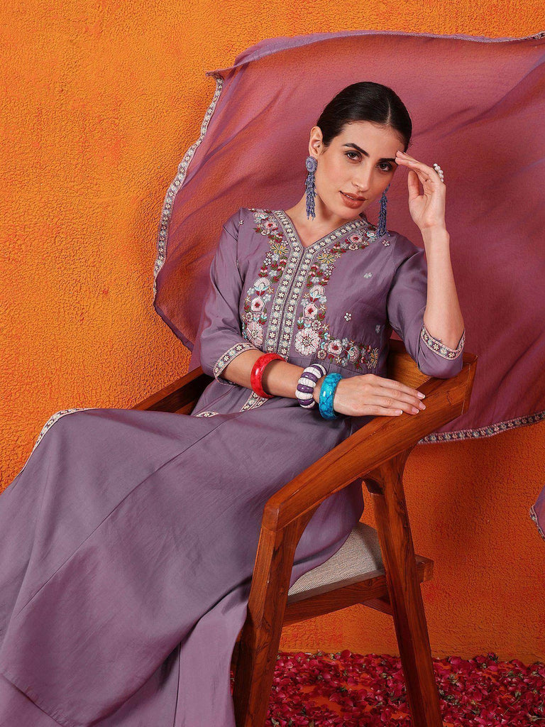 Tantalizing Purple Embroidered Silk Designer Palazzo Suit With Dupatta
