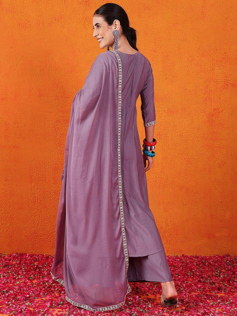 Tantalizing Purple Embroidered Silk Designer Palazzo Suit With Dupatta