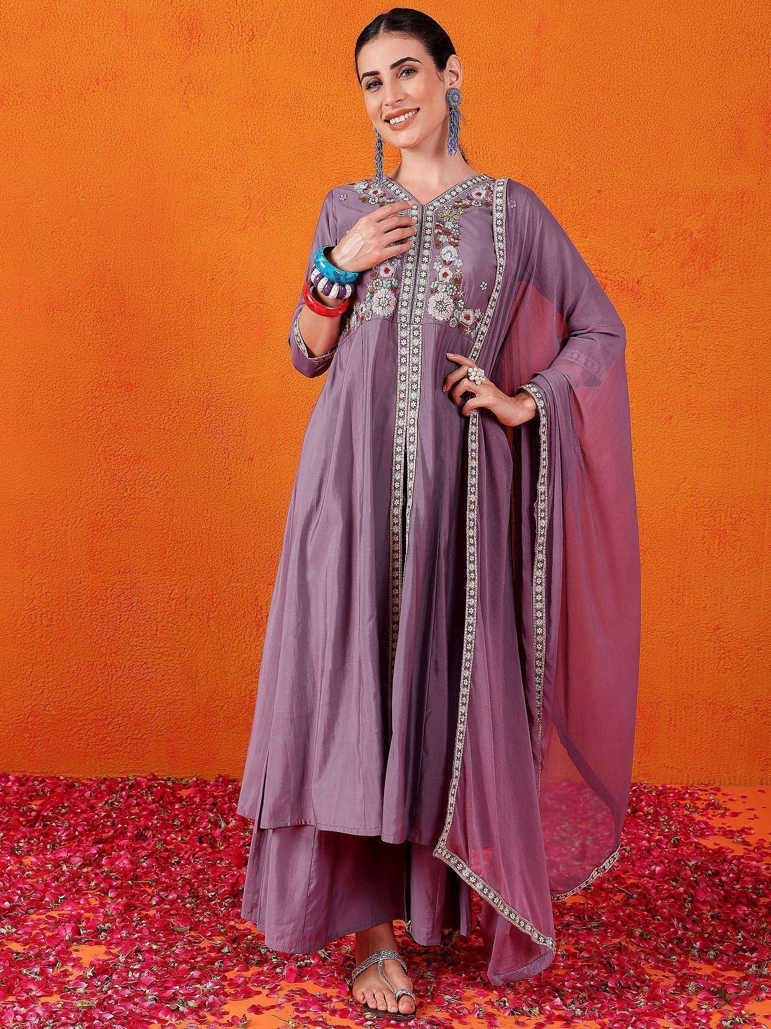 Purple embroidered ethnic anarkali suit with dupatta, perfect for Indian occasions and festive wear.