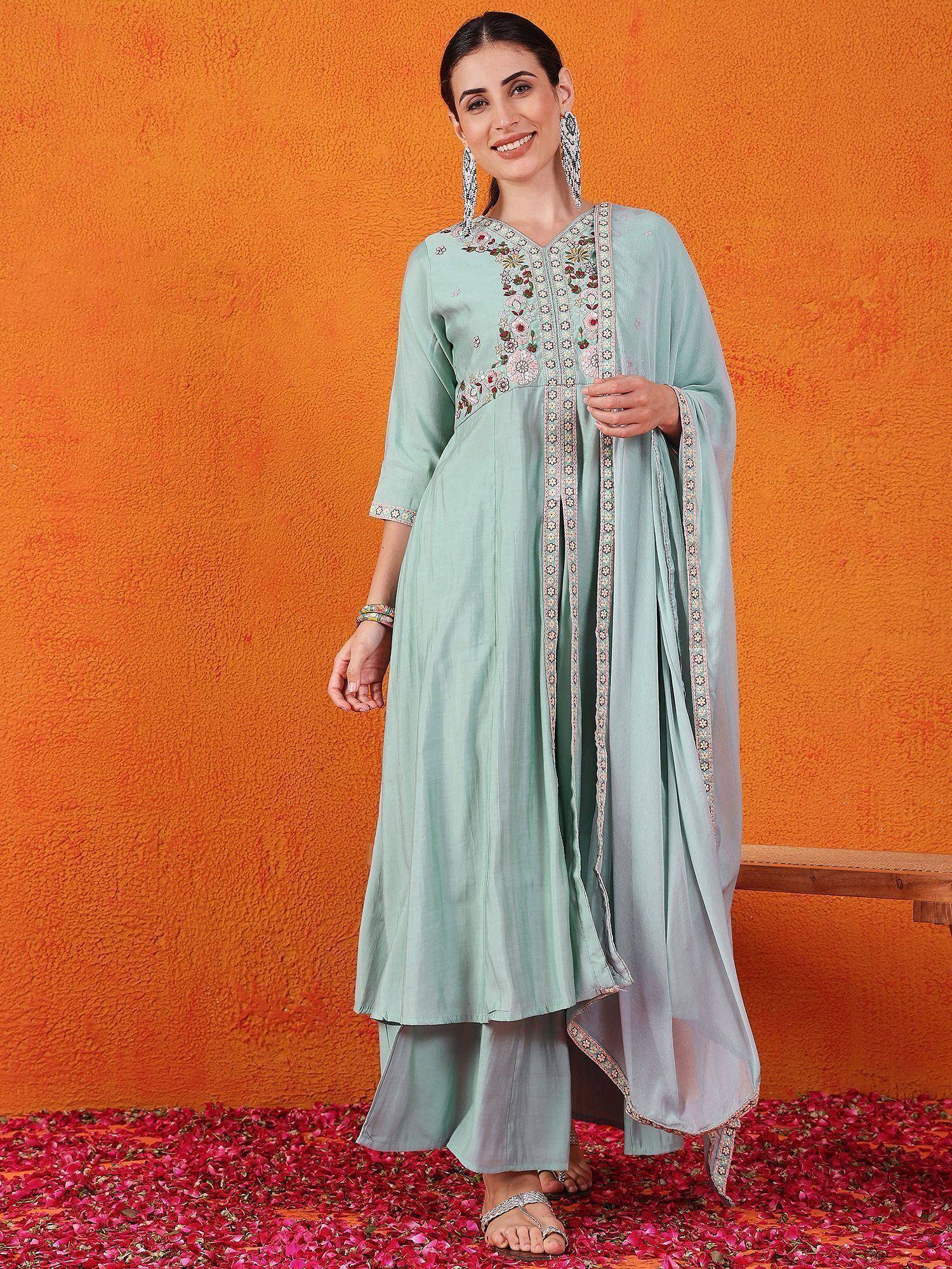 Mint green embroidered kurta with palazzo and dupatta, Indian ethnic wear for women