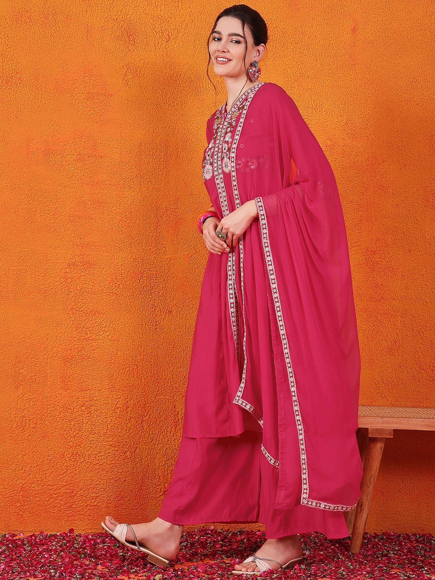 Pink embroidered salwar kameez with floral detailing, perfect for Indian ethnic wear occasions