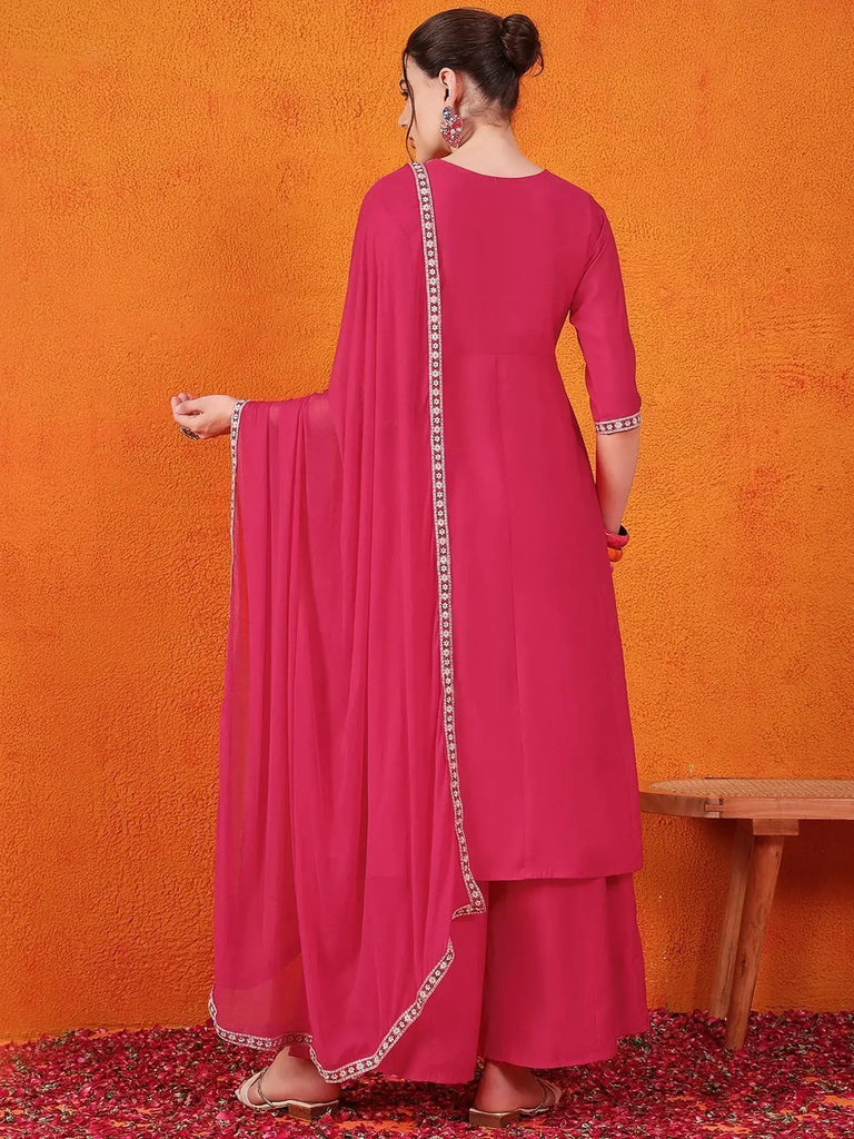 Adorable Pink Embroidered Silk Traditional Palazzo With Dupatta