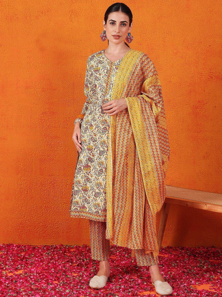 Precious Yellow Printed Cotton Casual Wear Pant Suit With Dupatta